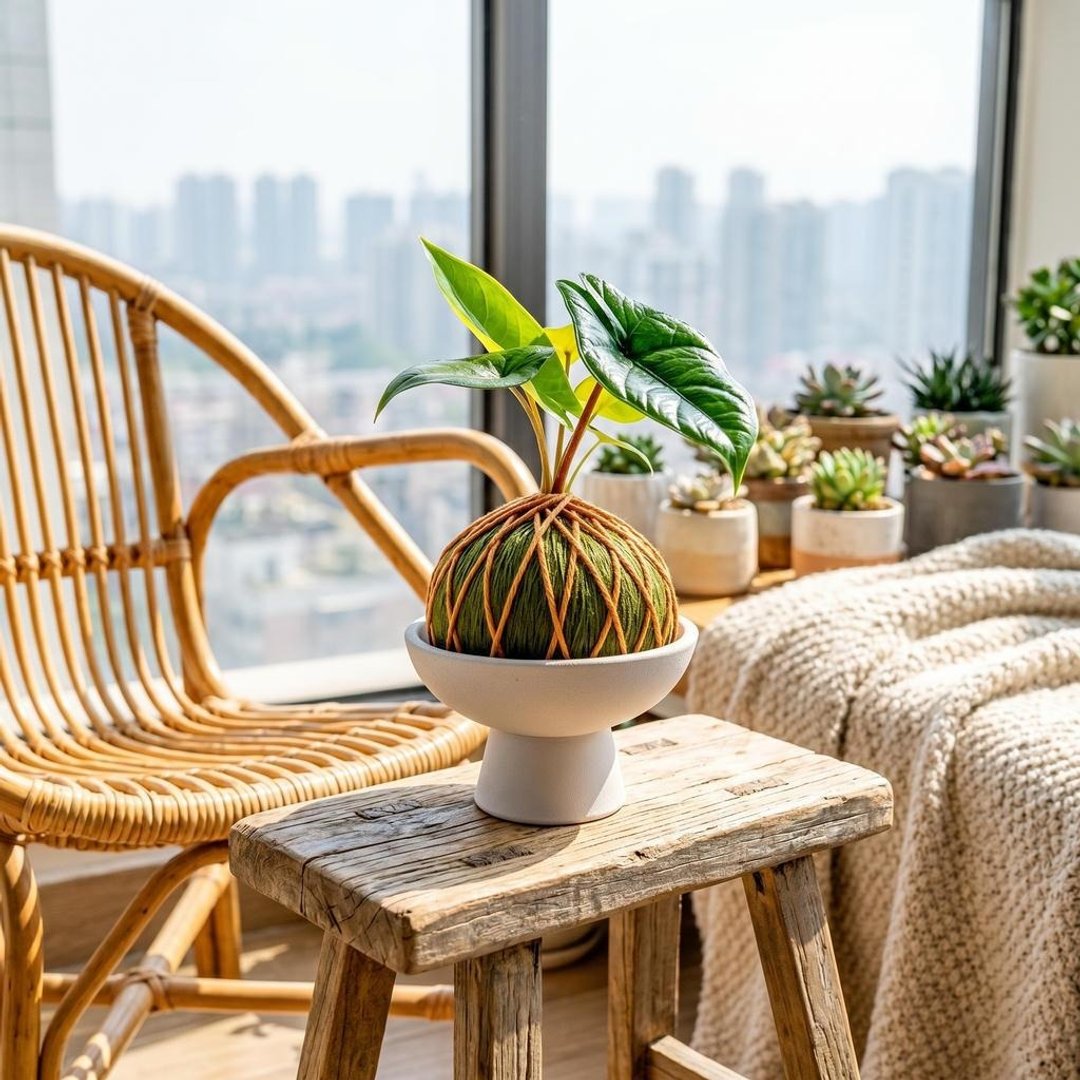 苔球植物 甲骨文观音莲墨绿苔球加磨砂高脚钵 苔球 苔玉 礼物 - 植栽/盆栽 - 植物．花 绿色