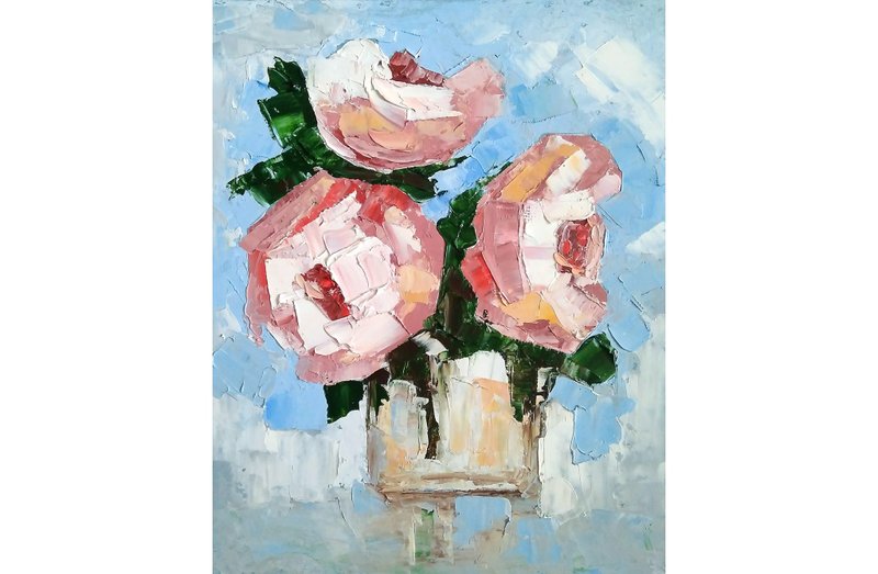 Flower Bouquet Original Painting, Roses Floral Wall Art, Gift for Her. 手工油畫, 油畫原 - 海报/装饰画/版画 - 其他材质 多色