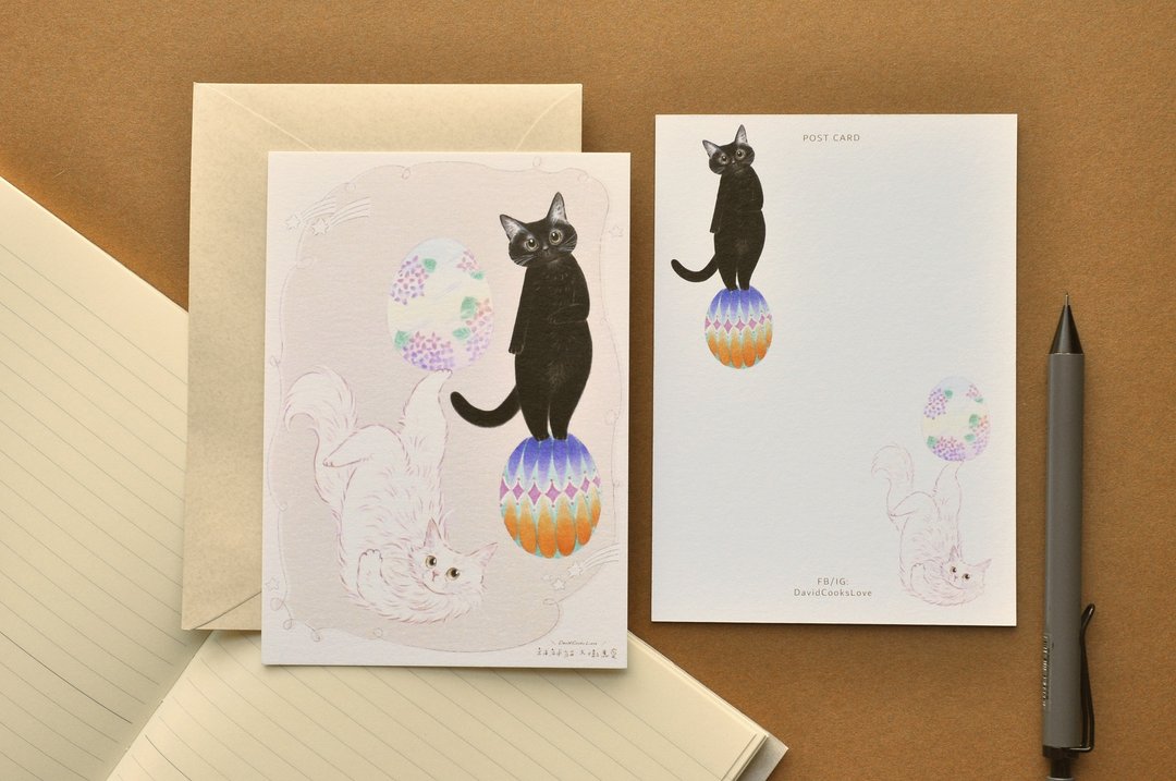 猫咪插画明信片-黑猫白猫彩蛋 - 卡片/明信片 - 纸 粉红色