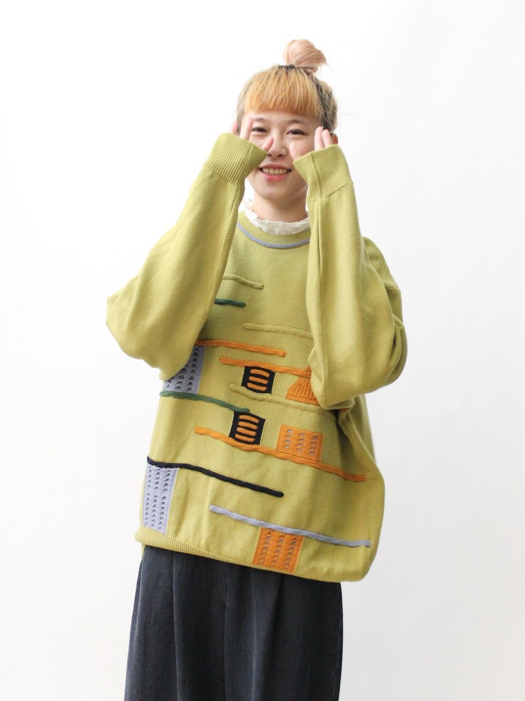 【RE1222SW065】日本制黄绿色几何元素刺绣羊毛宽松古着毛衣 - 女装针织衫/毛衣 - 羊毛 绿色
