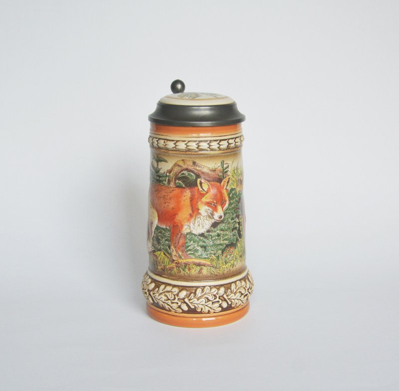 早期德国旧货 动物系列陶制浮雕掀盖啤酒杯(狐狸) - 咖啡杯/马克杯 - 陶 卡其色