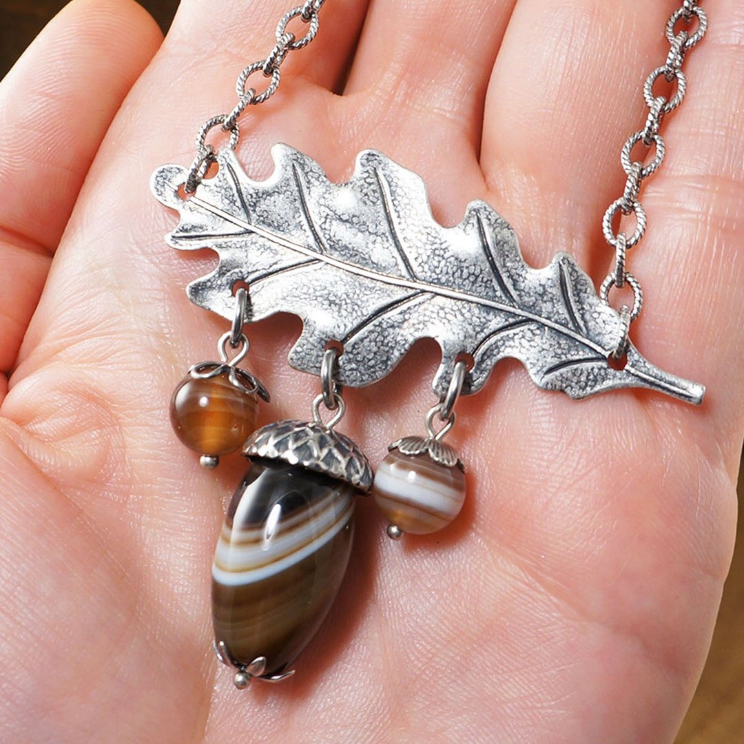 Brown Agate Acorn Silver Oak Leaf Forest Woodland Necklace Woman Jewelry Gift - 项链 - 半宝石 咖啡色