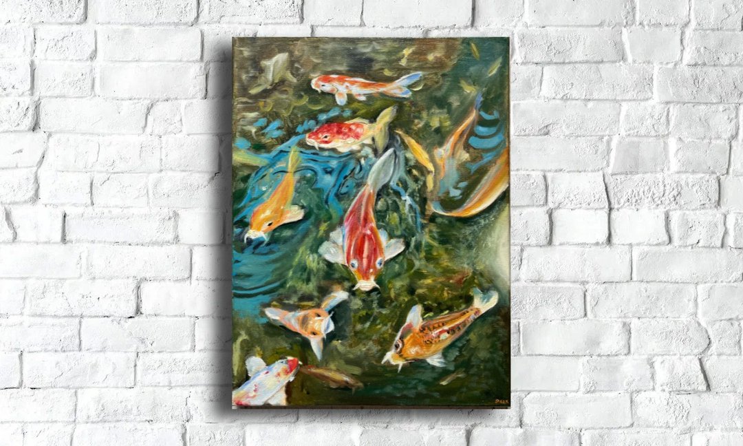 Koi Fish Painting Original, Oil Painting On Canvas, Japan Wall Decor - 海报/装饰画/版画 - 其他材质 绿色