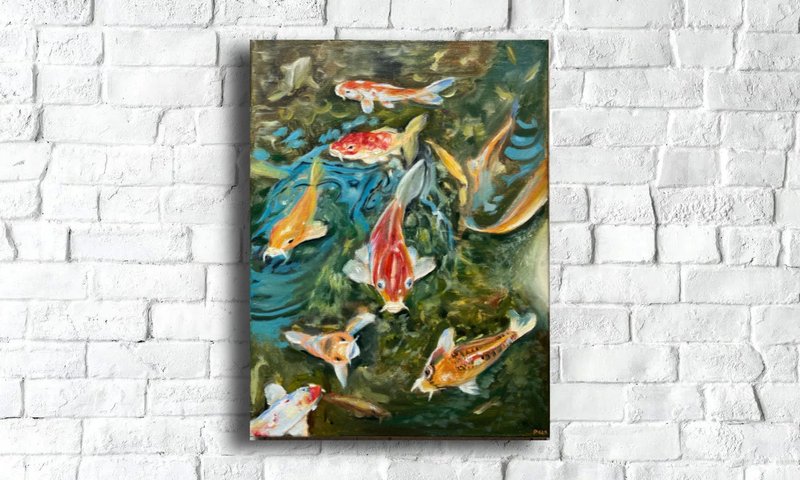 Koi Fish Painting Original, Oil Painting On Canvas, Japan Wall Decor - 海报/装饰画/版画 - 其他材质 绿色