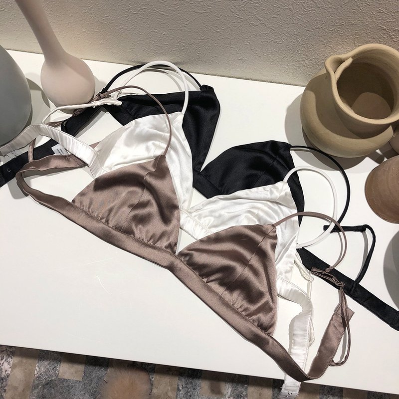Bralette|黑白香槟色法式真丝文胸内衣 桑蚕丝缎细肩带无钢圈胸罩 - 女士内衣裤 - 丝．绢 黑色