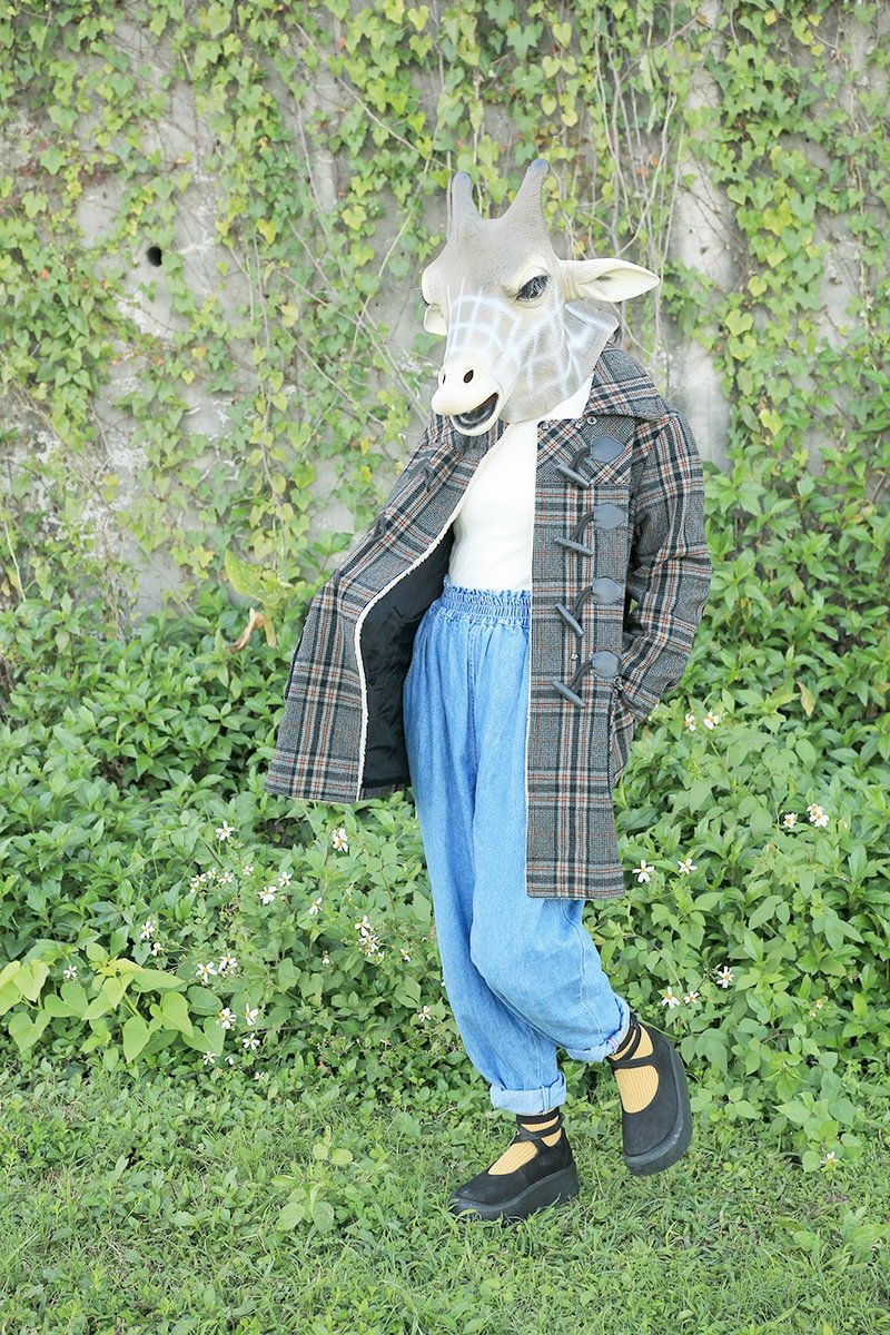 Giraffe 长颈鹿人_特殊灰橘格纹刷毛羊毛古着牛角扣外套 - 女装休闲/机能外套 - 羊毛 灰色