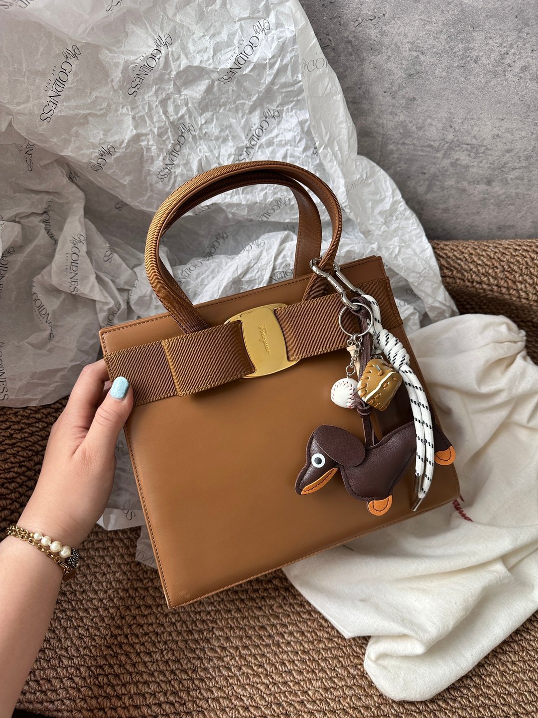 中古包 Ferragamo 菲拉格慕 棕色蝴蝶结Logo手提包 - 手提包/手提袋 - 真皮 咖啡色