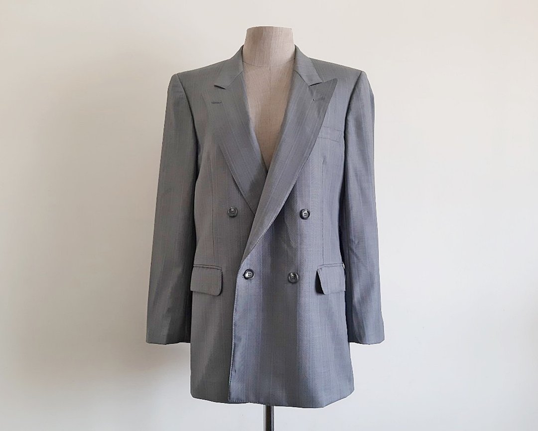 NINA RICCI 复古灰条纹西装外套 男款 双排扣 M 号 - 女装西装外套/风衣 - 其他材质 灰色