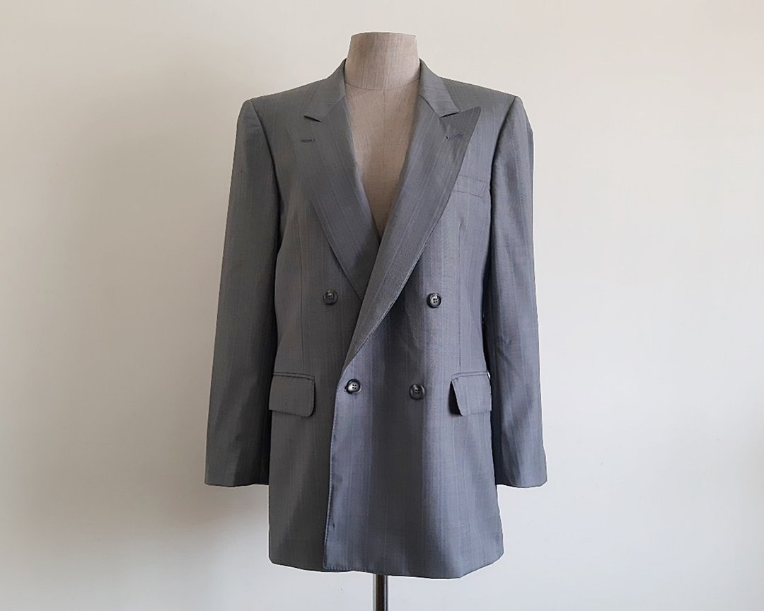 复古 Nina Ricci 灰色条纹西装外套 双排扣 领饰 中号 M - 女装西装外套/风衣 - 其他材质 灰色