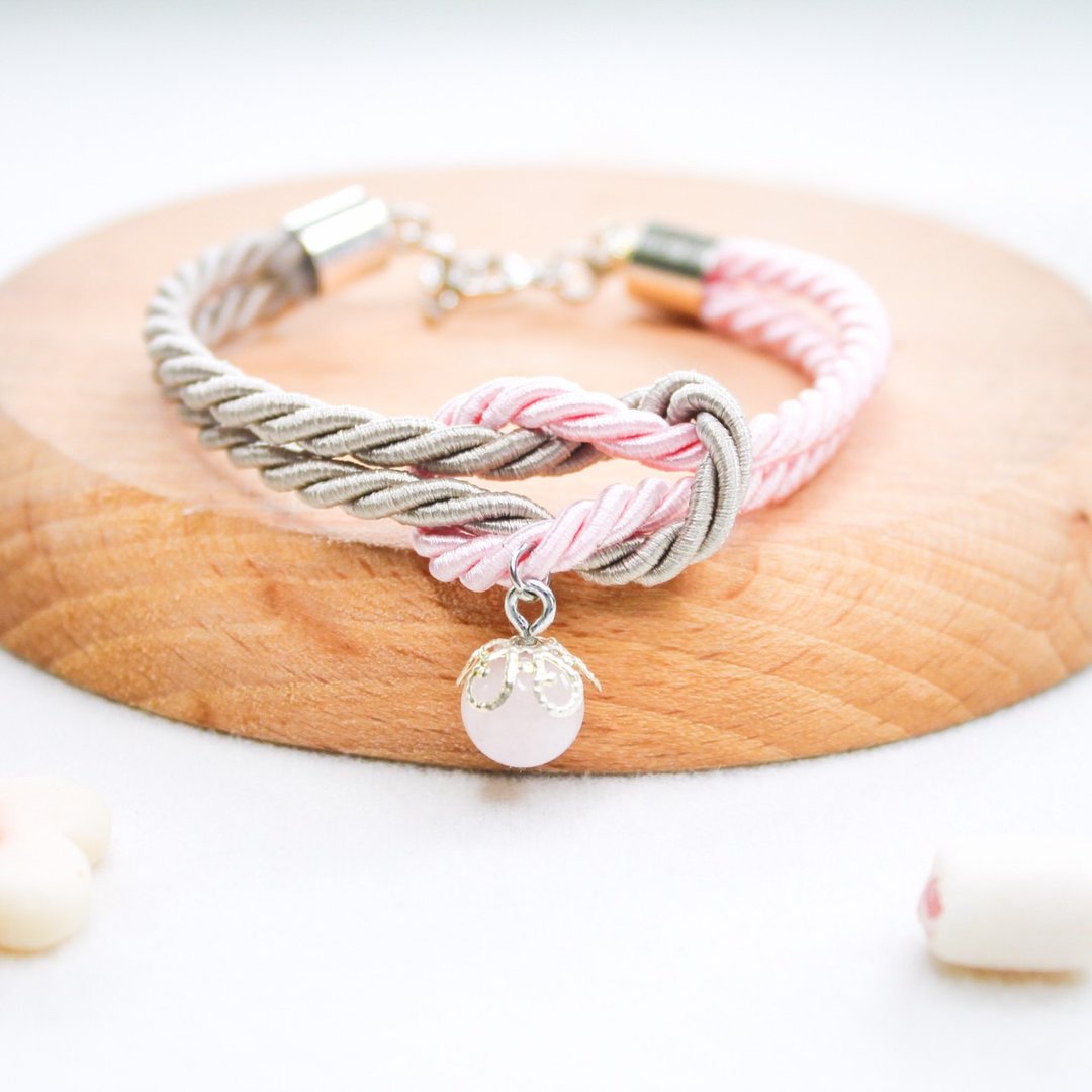 Mashmallows Rope Bracelet with Lucky Stone - Grey & Pink - 手链/手环 - 贵金属 多色