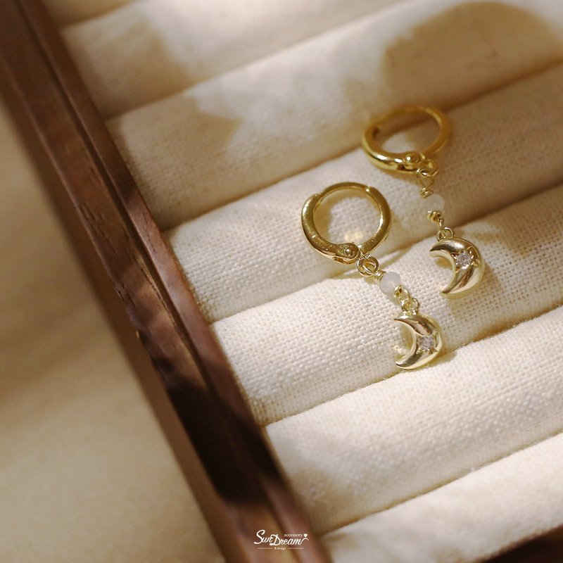 星月海蓝宝耳扣耳环 夹式耳环 耳夹 耳扣耳环 海蓝宝 月亮耳环 - 耳环/耳夹 - 铜/黄铜 白色