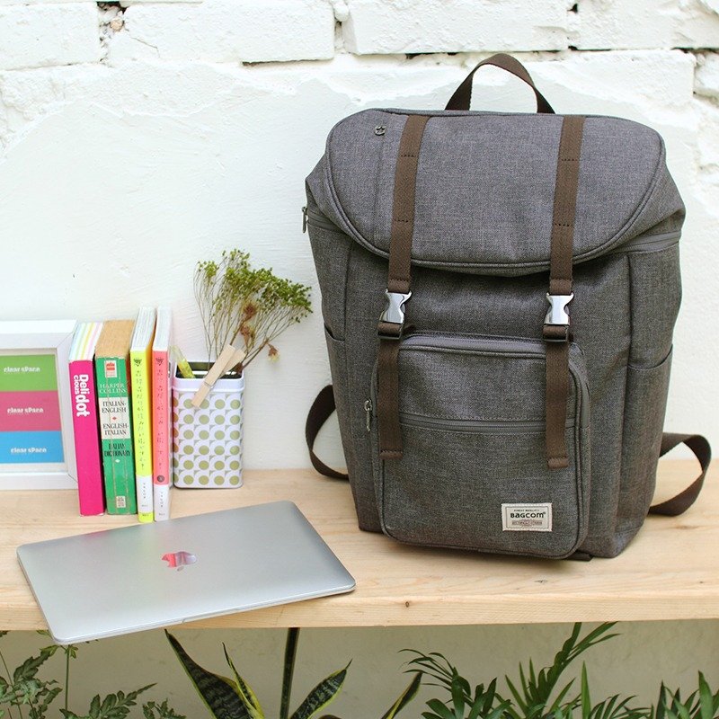 麻感双扣后背包(14'' Laptop OK)-麻深咖_100398-11 - 后背包/双肩包 - 棉．麻 咖啡色