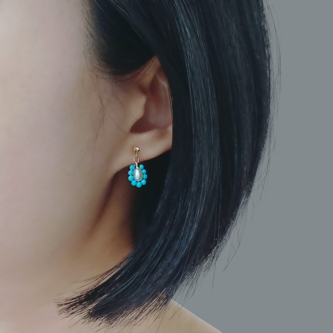 顶级睡美人土耳其石绿松石 淡水珍珠 14Kgf 包金复古小垂坠耳环 - 耳环/耳夹 - 珍珠 蓝色