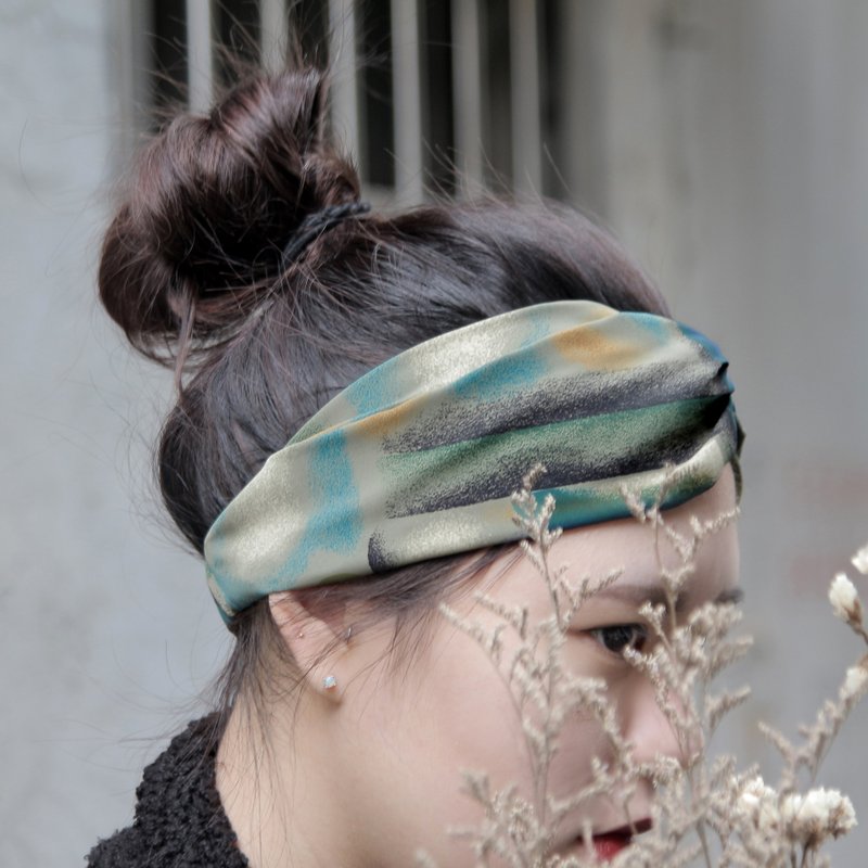 绿意稻田的粉彩画／绿、粉 两色 丝绸布／手工十字松紧发带_Evergreen Paddy Pastel//Rayon/Taiwan handmade crisscross elastic hairband - 发饰 - 丝．绢 蓝色