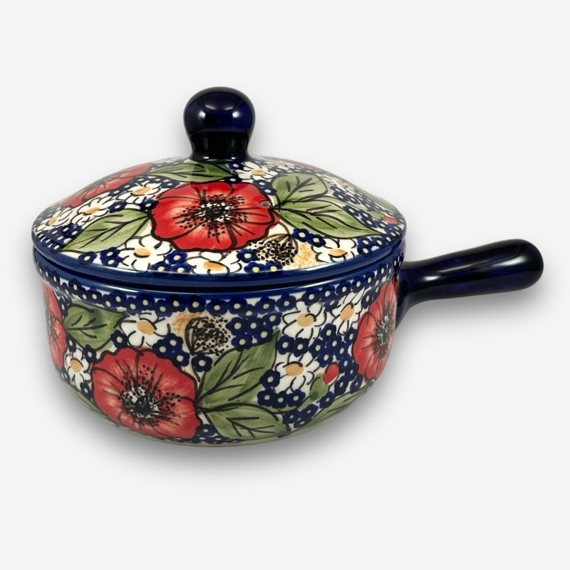 波兰手绘手工陶- 单柄手把锅/汤锅 600ML 静谧艳红系列 设计师款 - 盘子/餐盘/盘架 - 陶 红色