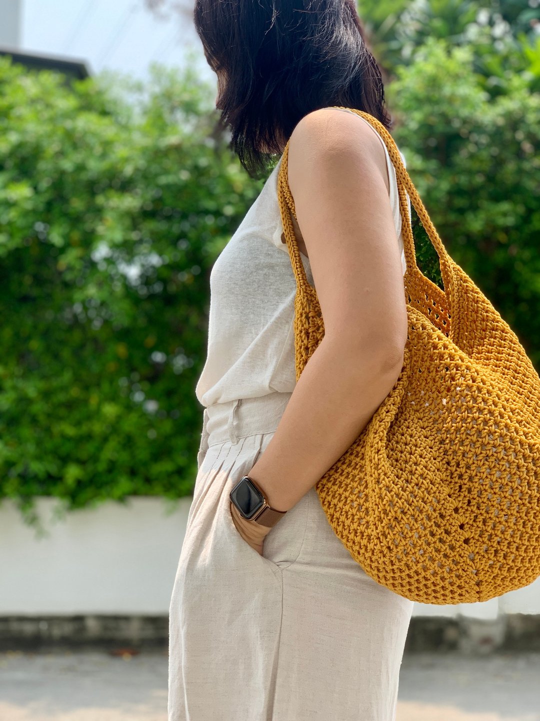 Linen Crochet Tote Bag in Golden Core Color  手工钩针编织 - 手提包/手提袋 - 聚酯纤维 金色