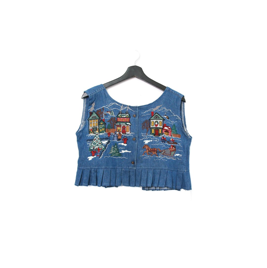 Back to Green-丹宁刺绣背心 冬季村庄 马车 dv-18//vintage vest - 女装背心 - 棉 