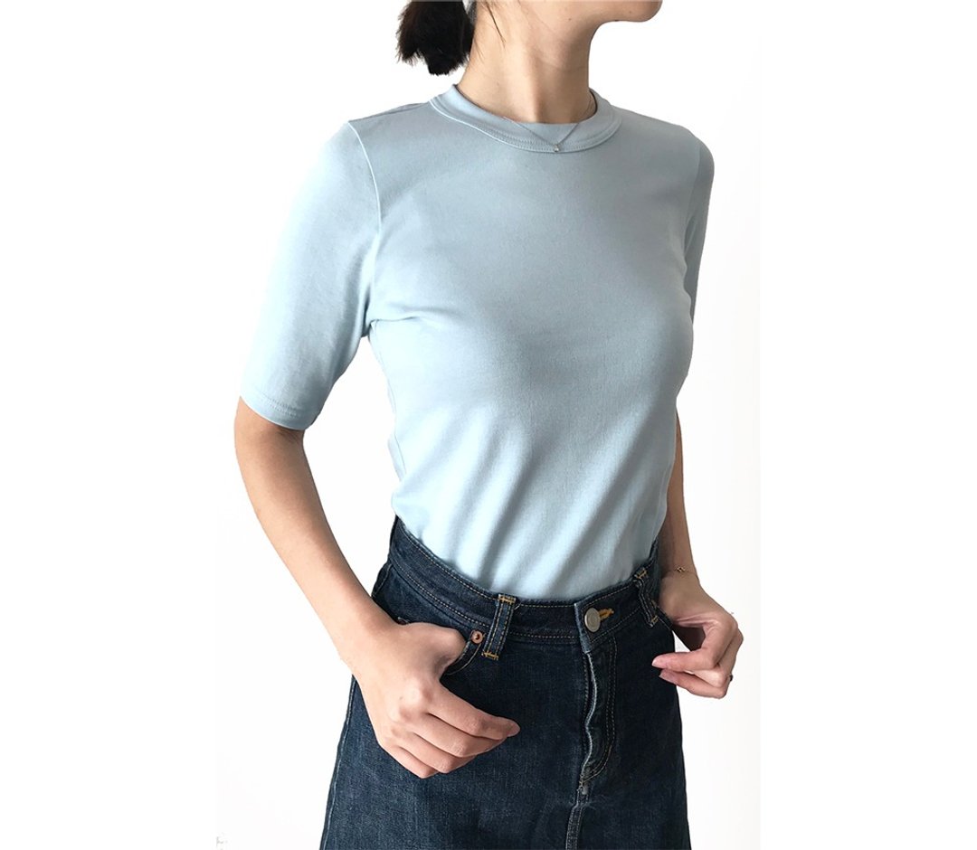 Ribbed knitting cut adult adhering to shape  LIGHT BLUE - 女装 T 恤 - 棉 灰色