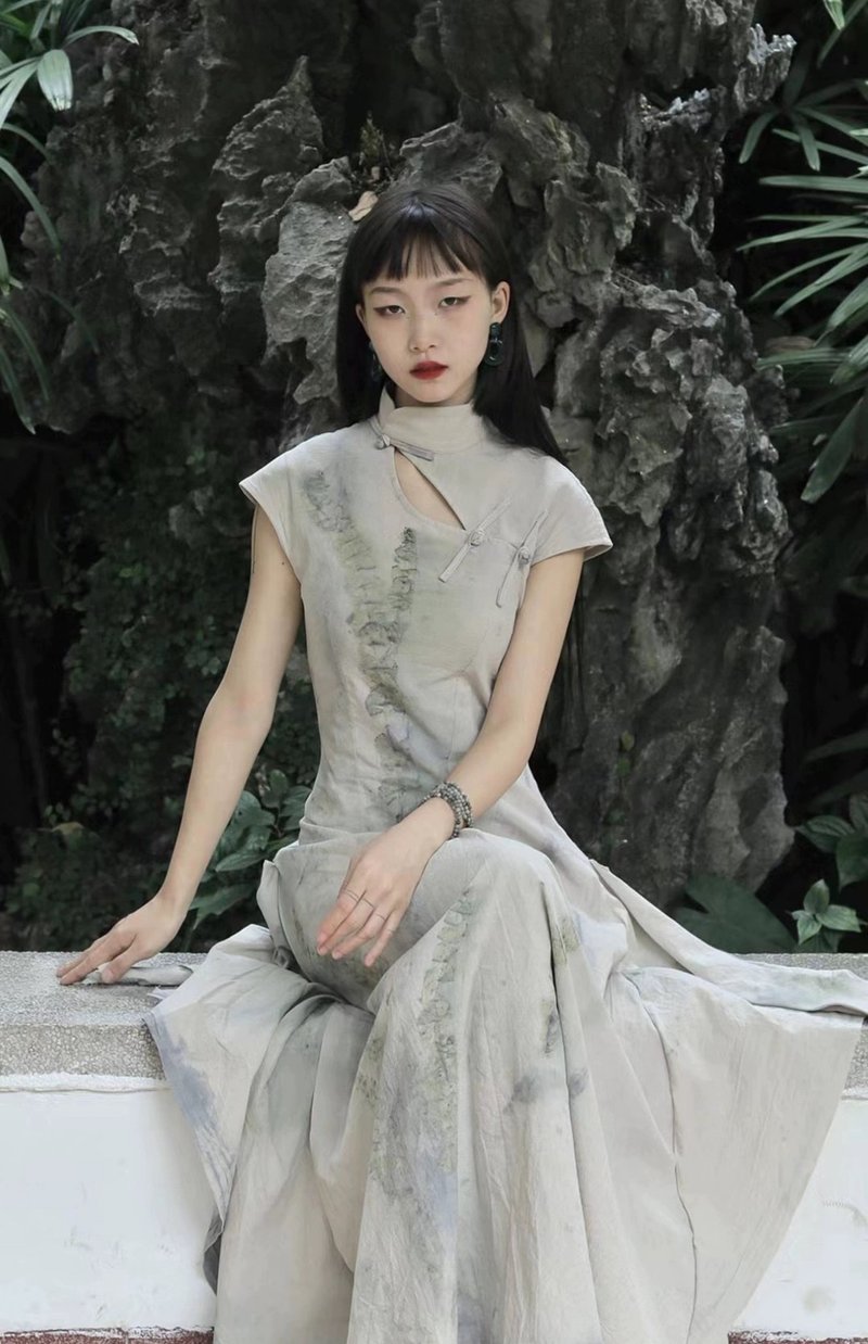 新中式复古 / 尤加利收腰连身裙 / 草木染 - 洋装/连衣裙 - 其他材质 黄色