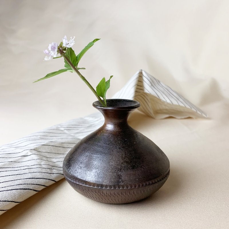 小口扁瓶 新彩烧 柴烧陶艺 手作作品 盆器 |圭窑 - 植栽/盆栽 - 陶 灰色