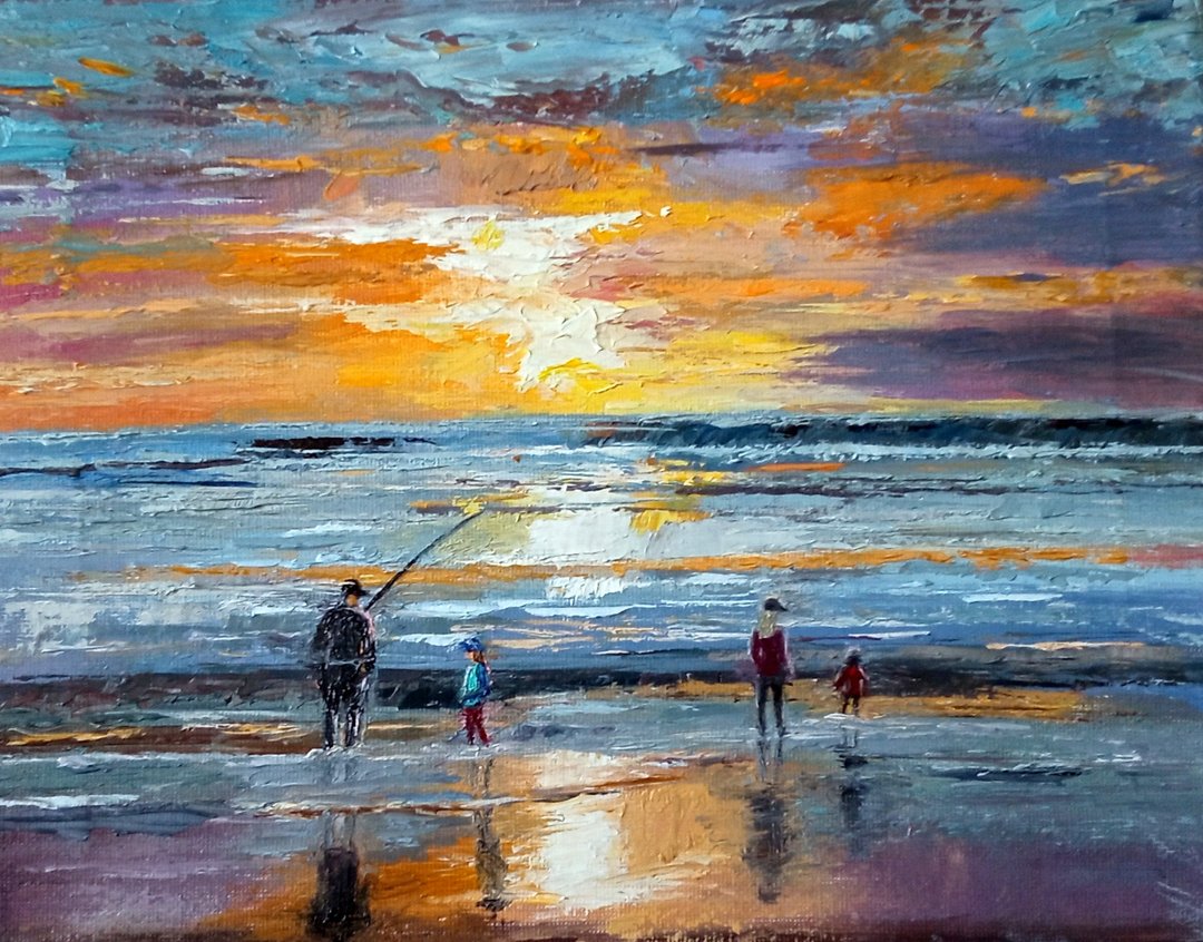 家庭漫步 原创油画画布画作，裱框后尺寸 24x30 厘米 - 墙贴/壁贴 - 其他材质 