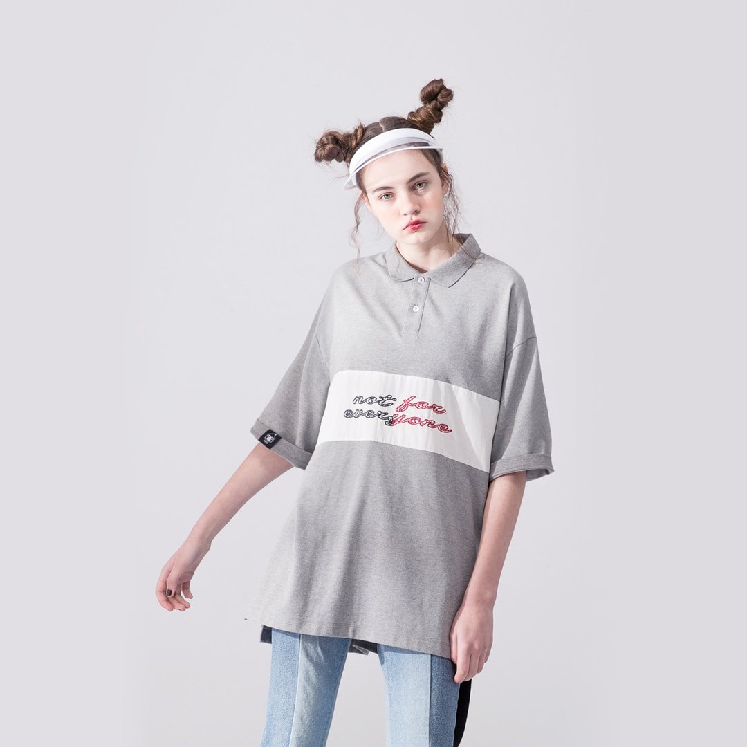 中性款 宽松落肩 Polo shirt / 麻灰色 - 女装上衣 - 棉 灰色