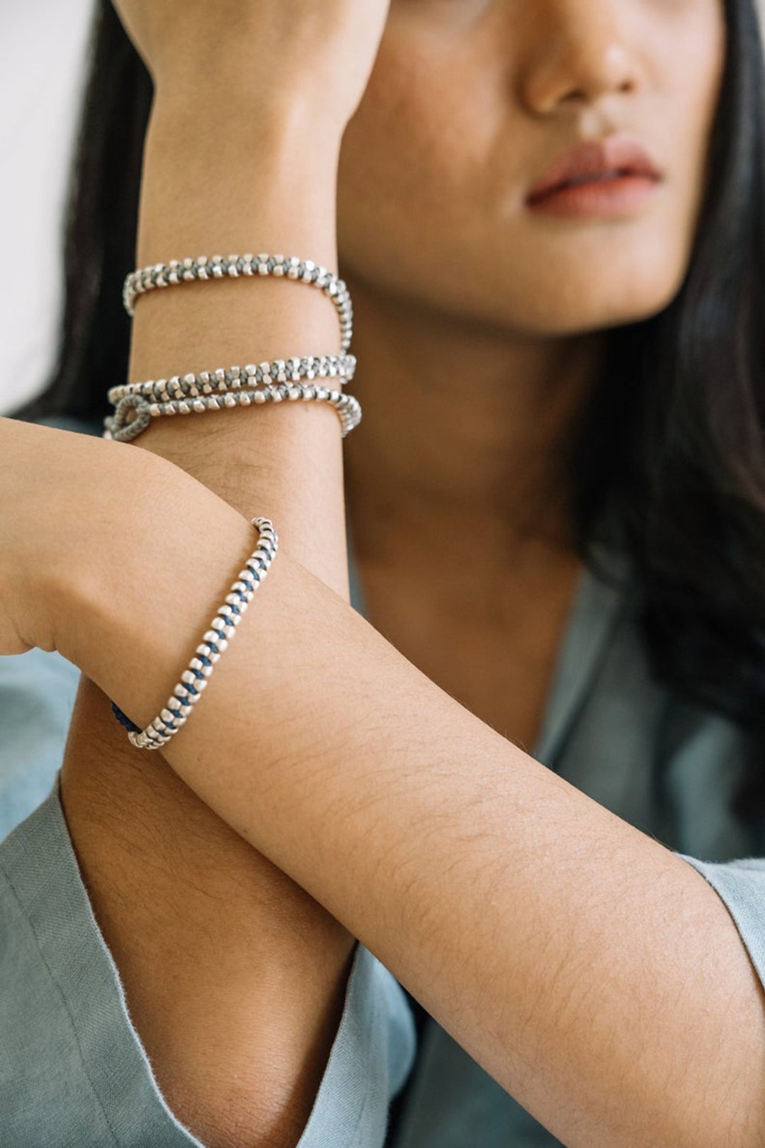 Silver beads and waxed cotton cord wraparound unisex bracelet  (B0082L) - 手链/手环 - 银 银色