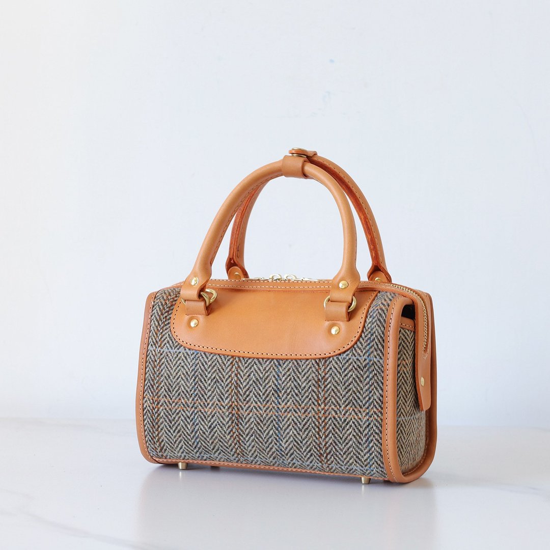 【羊毛拼皮】Harris Tweed 波士顿女包 手提肩背包秋冬女士包包 - 侧背包/斜挎包 - 真皮 橘色