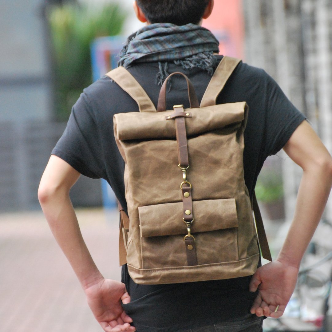GENUINE LEATHER &amp; WAXED CANVAS  ROLL TOP BACKPACK / WATERPROOF BACKPACK - 后背包/双肩包 - 真皮 咖啡色