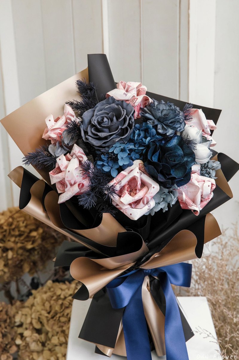 钞票花束/有钱花/纸钞花束/钱花花束/生日礼物/情人节礼物/不凋花 - 干燥花/捧花 - 植物．花 蓝色