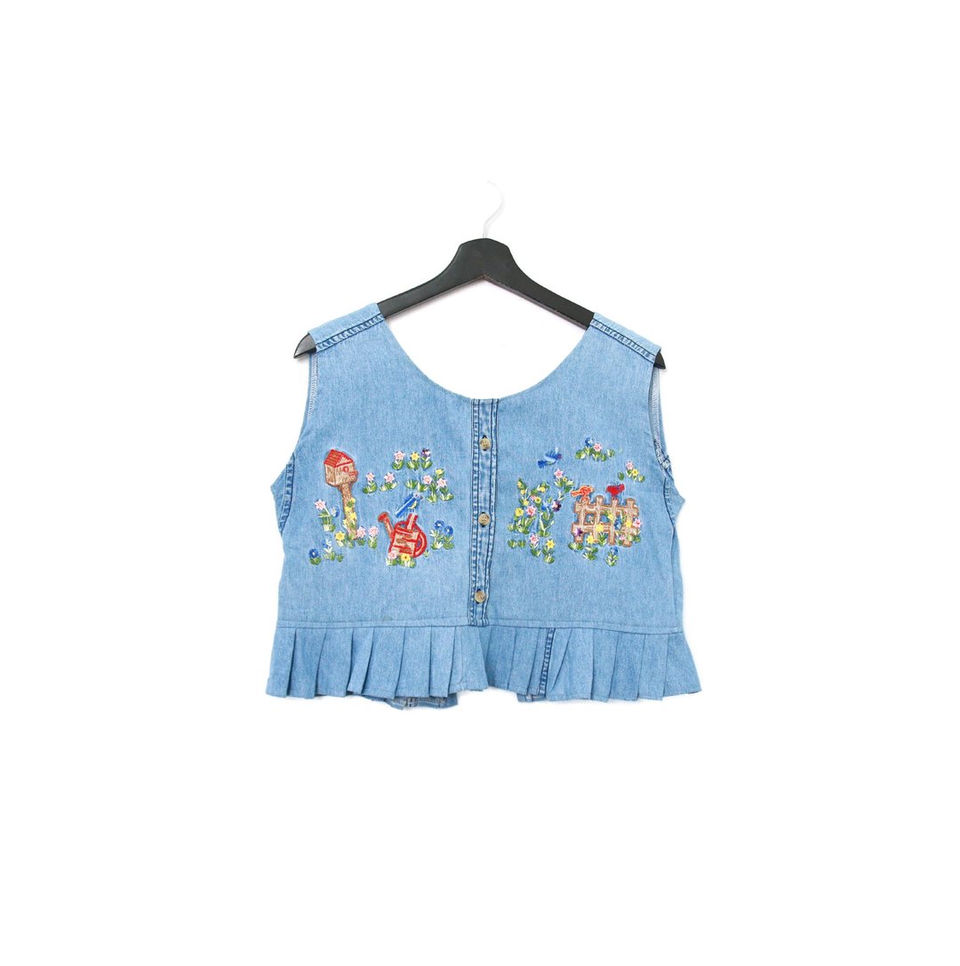 Back to Green-丹宁刺绣背心 花园邮箱 浅蓝dv-20//vintage vest - 女装背心 - 棉 
