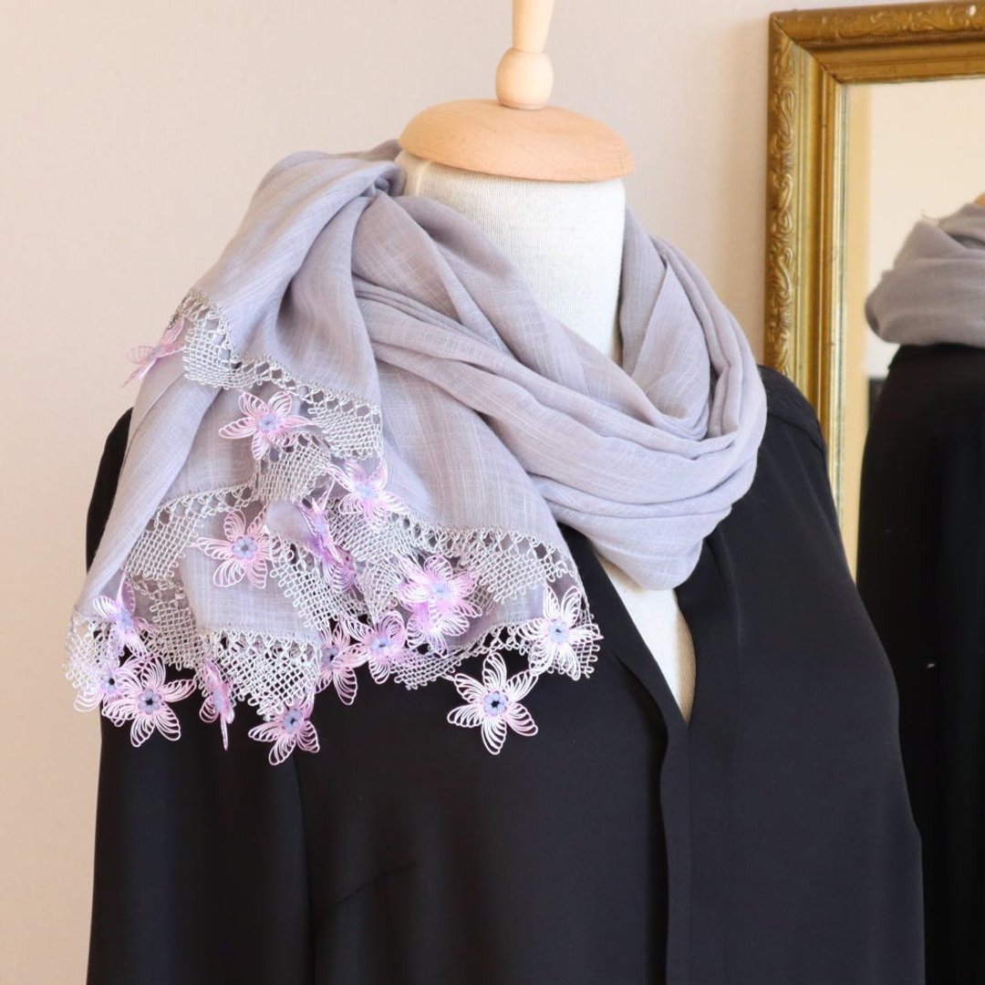 PREMIUM OYA lace Large size cotton shawl  - Stella - Silver gray - 丝巾 - 其他人造纤维 灰色