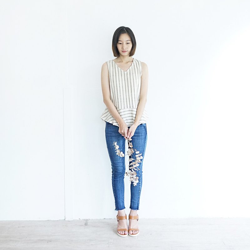 Green Striped Cotton Ornamental Fringe V Neck Sleeveless Blouses - 女装上衣 - 棉．麻 绿色