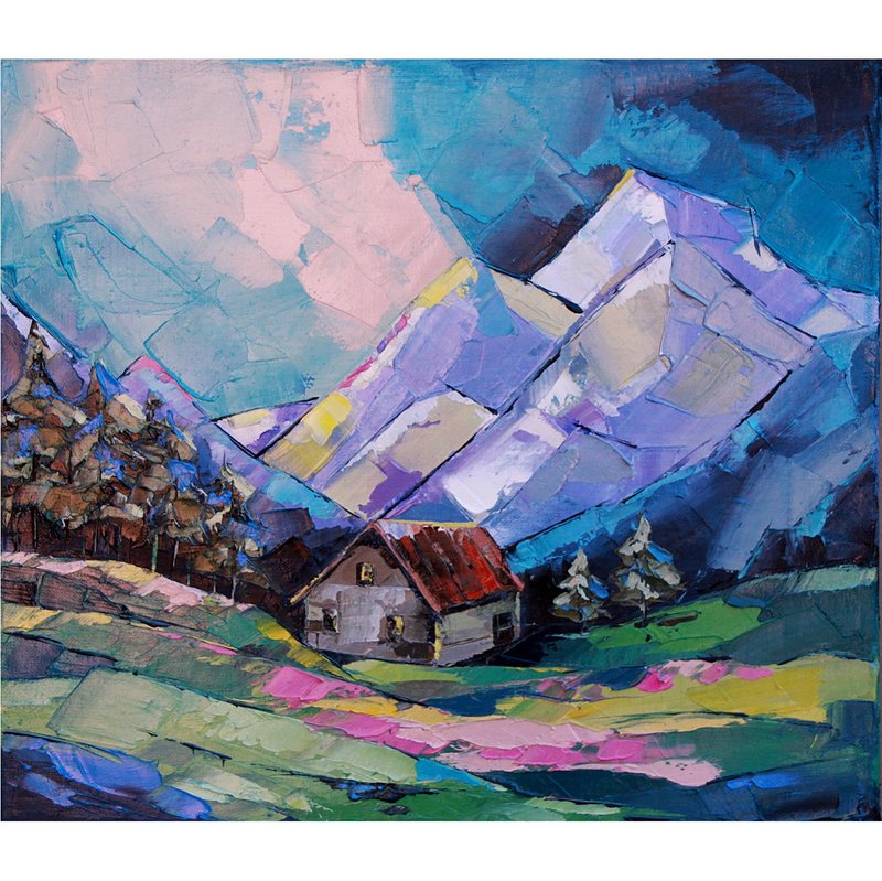 老房子 山水画 帆布山水艺术品 35 x 40 cm - 海报/装饰画/版画 - 其他材质 蓝色