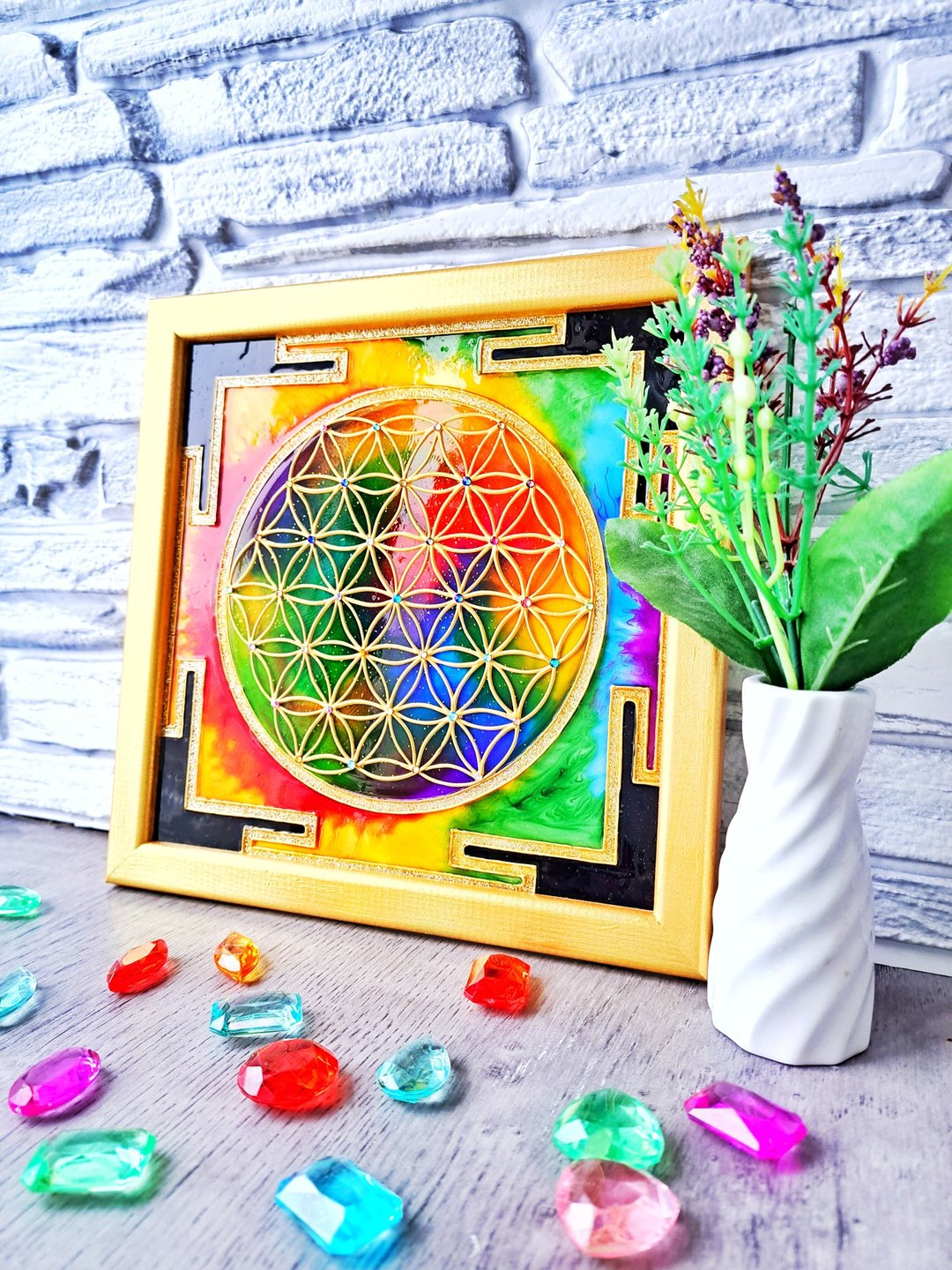 彩色玻璃漆Yantra生命之花吠陀占星术曼陀罗艺术Vastu - 墙贴/壁贴 - 玻璃 多色