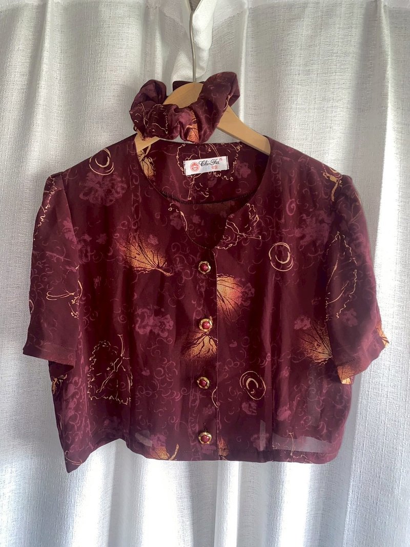 纯情百货行 Vintage 改制 古着短版上衣  LS038 酒红叶子短版衬衫 - 女装衬衫 - 聚酯纤维 黑色