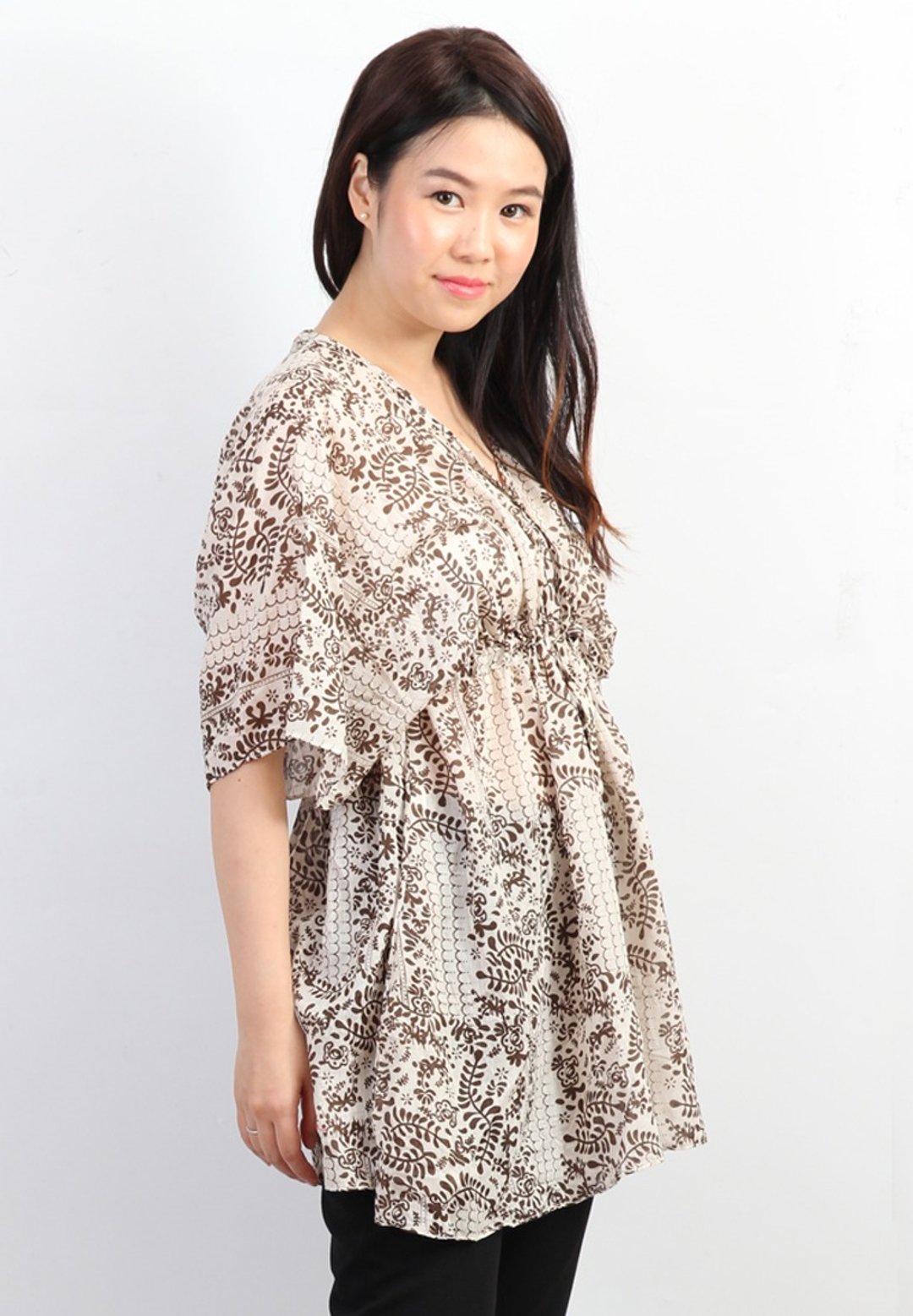 ATIPA 和服衬衫 经典花卉图案 - 女装上衣 - 其他材质 咖啡色