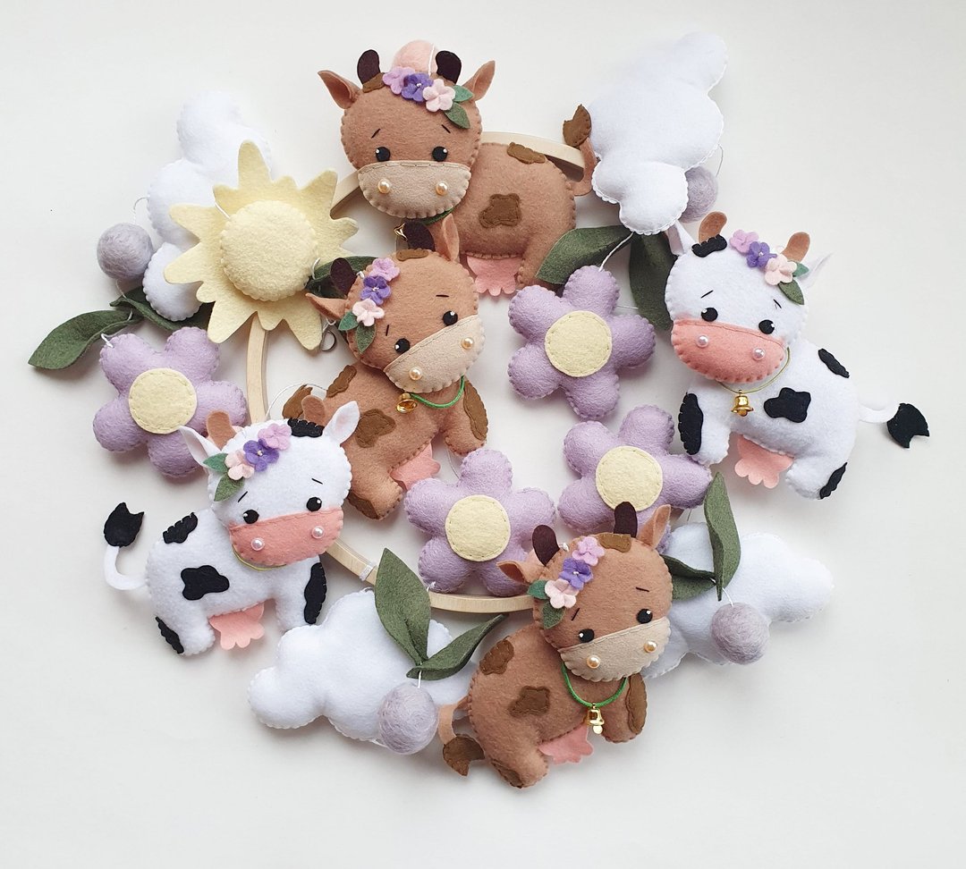Farm mobile, Barnyard nursery, cow mobile, flowers mobile, farm nursery decor - 满月礼盒 - 环保材料 