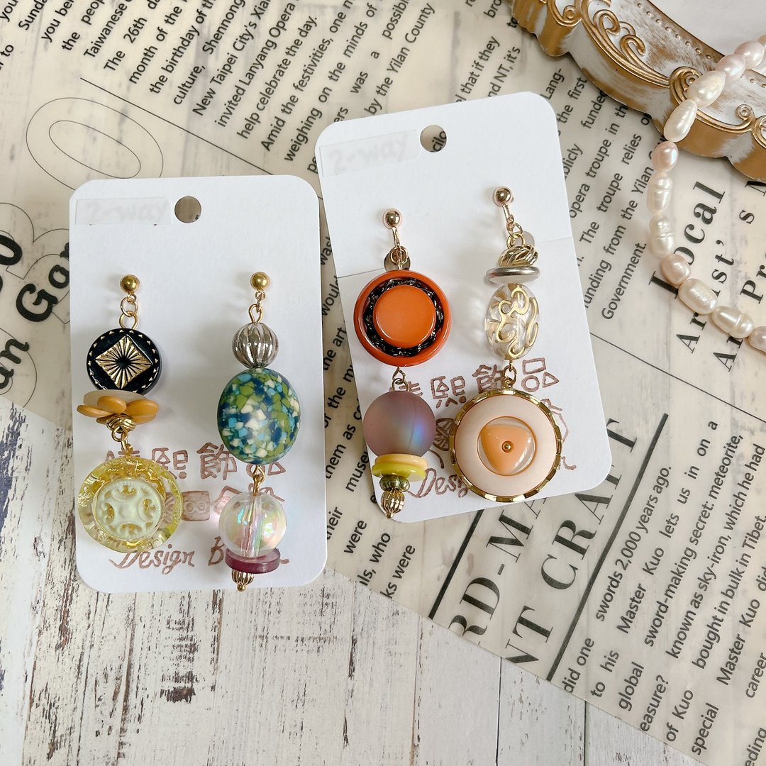 wow handmade复古星球漫游 复古钮扣耳环 - 耳环/耳夹 - 其他材质 