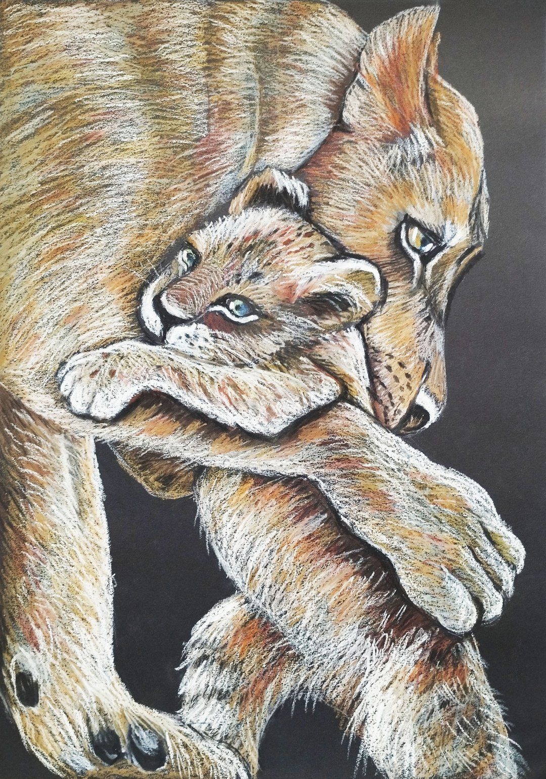 妈妈的爱母狮和小熊艺术粉彩肖像动物画儿童房 - 墙贴/壁贴 - 纸 咖啡色