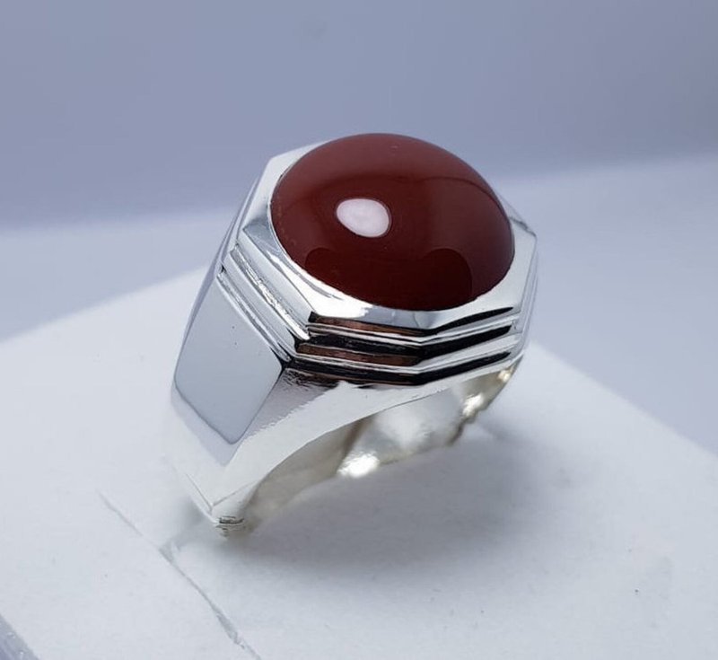 天然深棕色红血色也门赤铁矿戒指 亚齐克雅姆尼戒指 925 纯银 - 戒指 - 宝石 红色