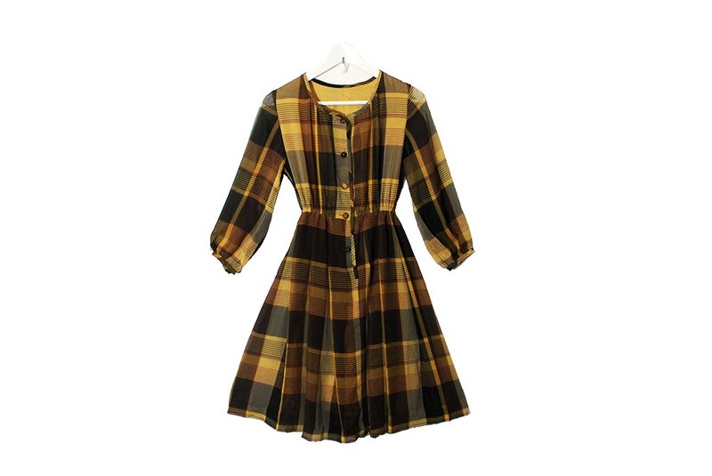 {:::Giraffe 长颈鹿人:::}_低调乡村格纹古着洋装 - 洋装/连衣裙 - 聚酯纤维 咖啡色