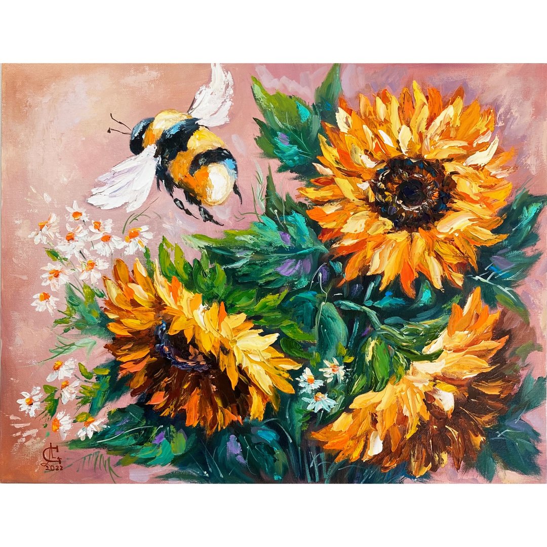 Sunflowers and bumblebee oil original painting flowers painting - 墙贴/壁贴 - 其他材质 