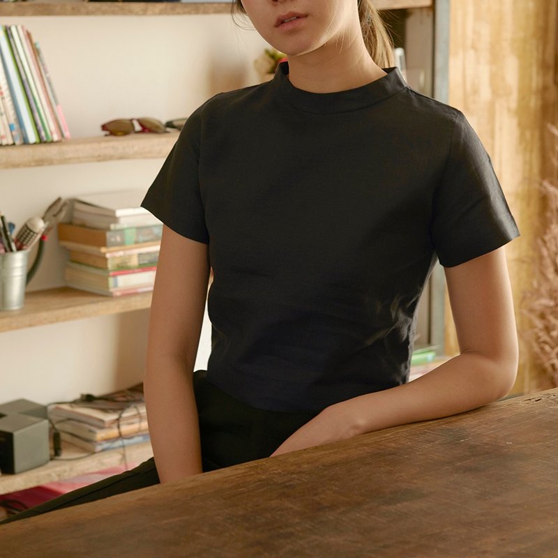 Hi Neck Crop Top (Navy) - 女装上衣 - 棉．麻 蓝色