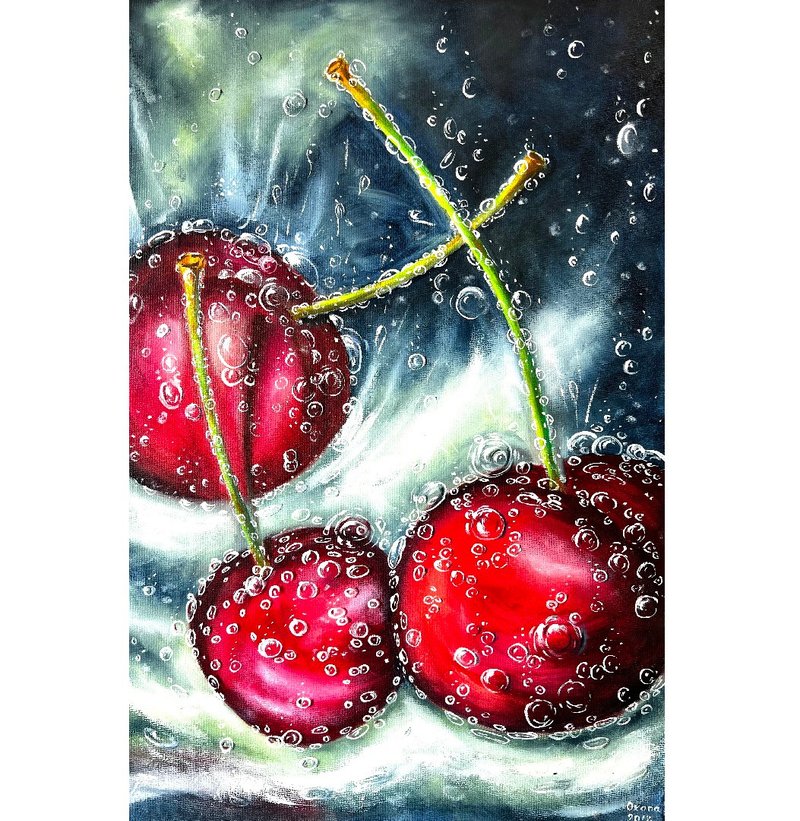 樱桃绘画水果原创艺术品 60x40 厘米/ 24x16 英寸，作者：Oksana Stepanova - 海报/装饰画/版画 - 棉．麻 多色