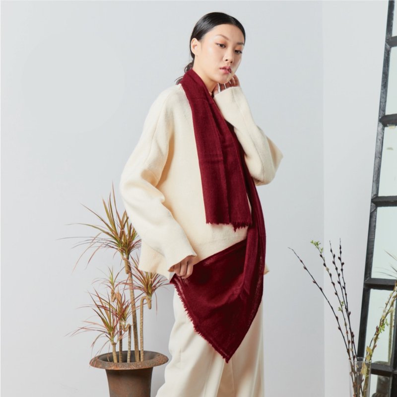 酒红 | 窄版素面 喀什米尔围巾 - 丝巾 - 羊毛 红色
