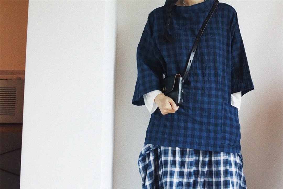 三色藍格薄棉面料 漁夫罩衣Fisherman Smock 七分袖短袖T恤 - 女装上衣 - 棉 蓝色