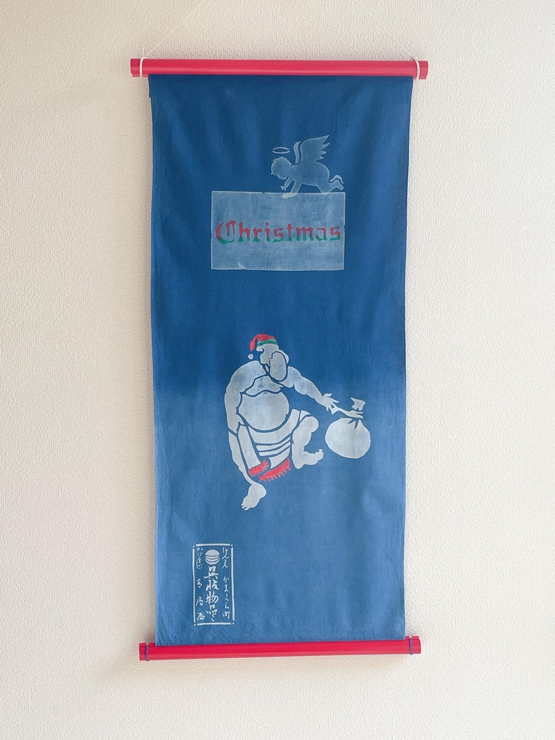 日本制 Christmas Tenugui 蓝染手巾 圣诞老人 相扑 天使 圣诞节 Santa Claus 型折染 aizome Angel - 其他 - 棉．麻 蓝色