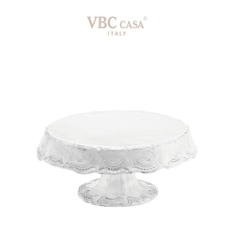 意大利VBC casa-手工浮雕蕾丝系列32cm高脚蛋糕盘(米白色) - 盘子/餐盘/盘架 - 陶 白色