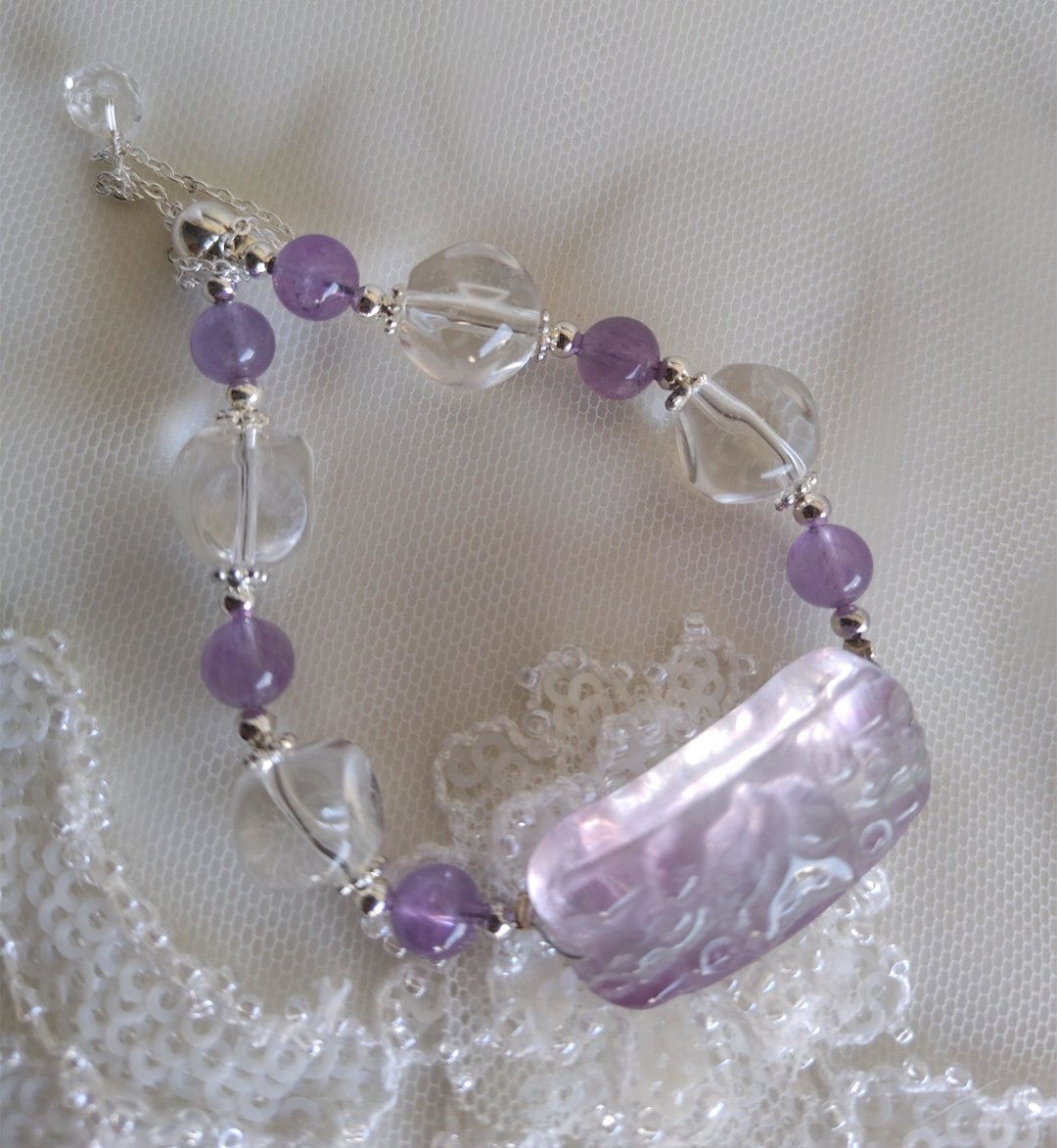 Miss feng 天然白水晶。梦幻双色紫萤石.紫水晶手链手链 - 手链/手环 - 玉石 